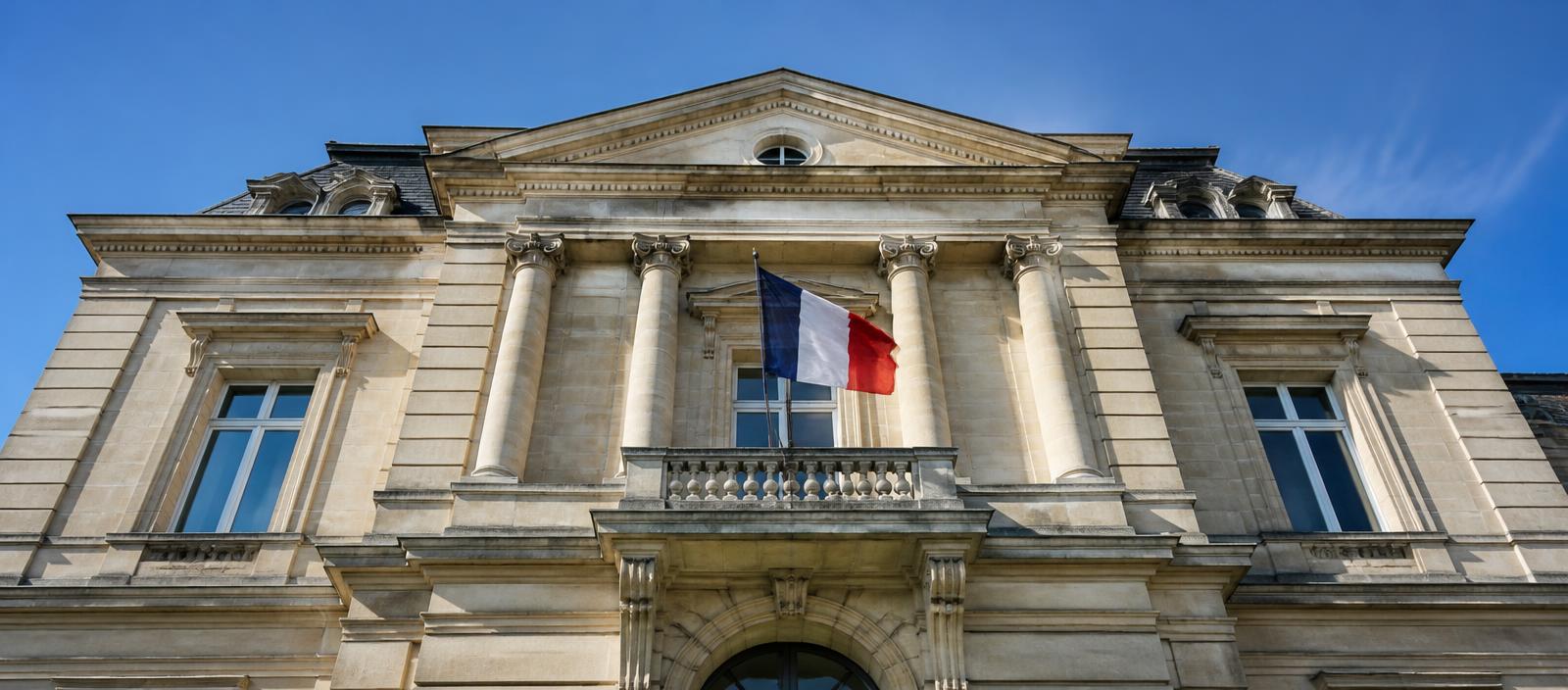 Façade d'une mairie française avec drapeau tricolore