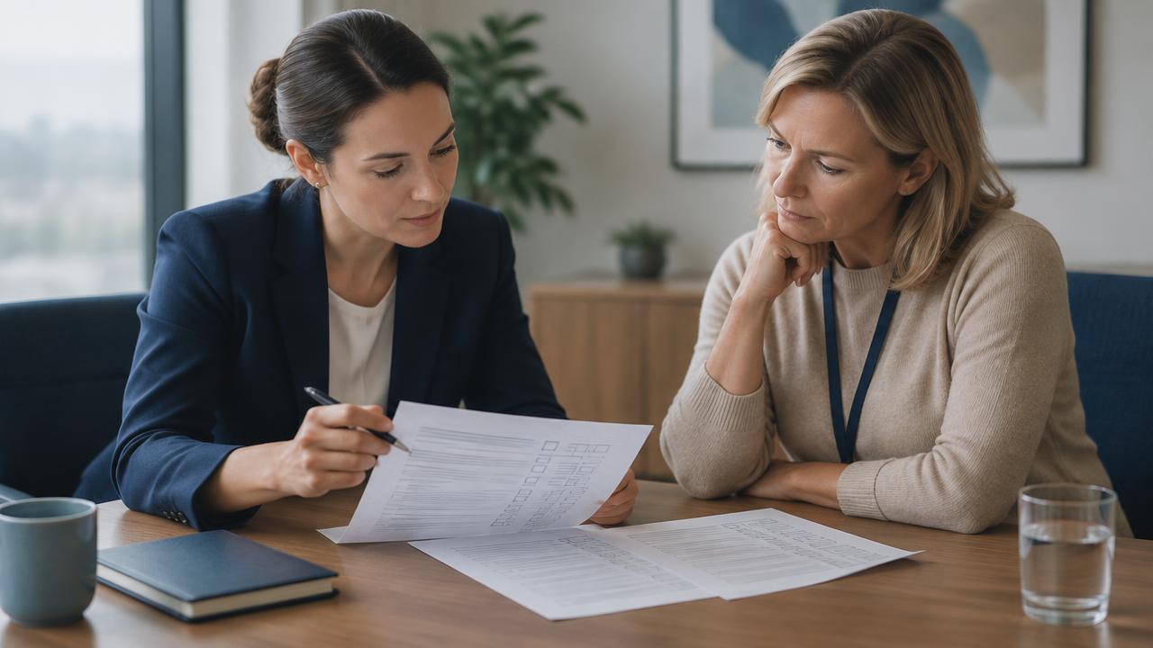 Entretien professionnel entre deux personnes autour de documents papier, sans information lisible.