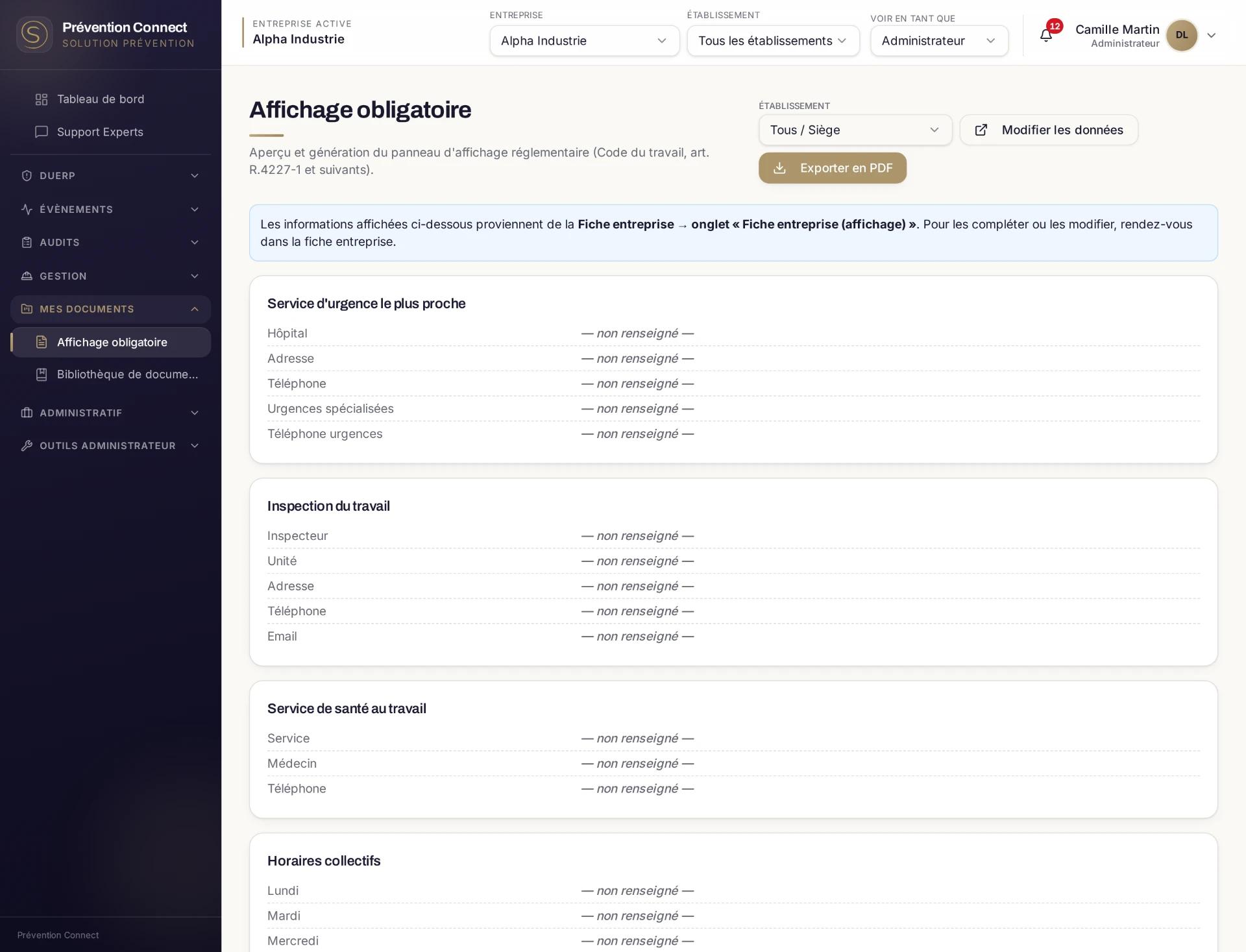 Écran affichage obligatoire de Prévention Connect : panneau réglementaire généré à partir de la fiche entreprise.