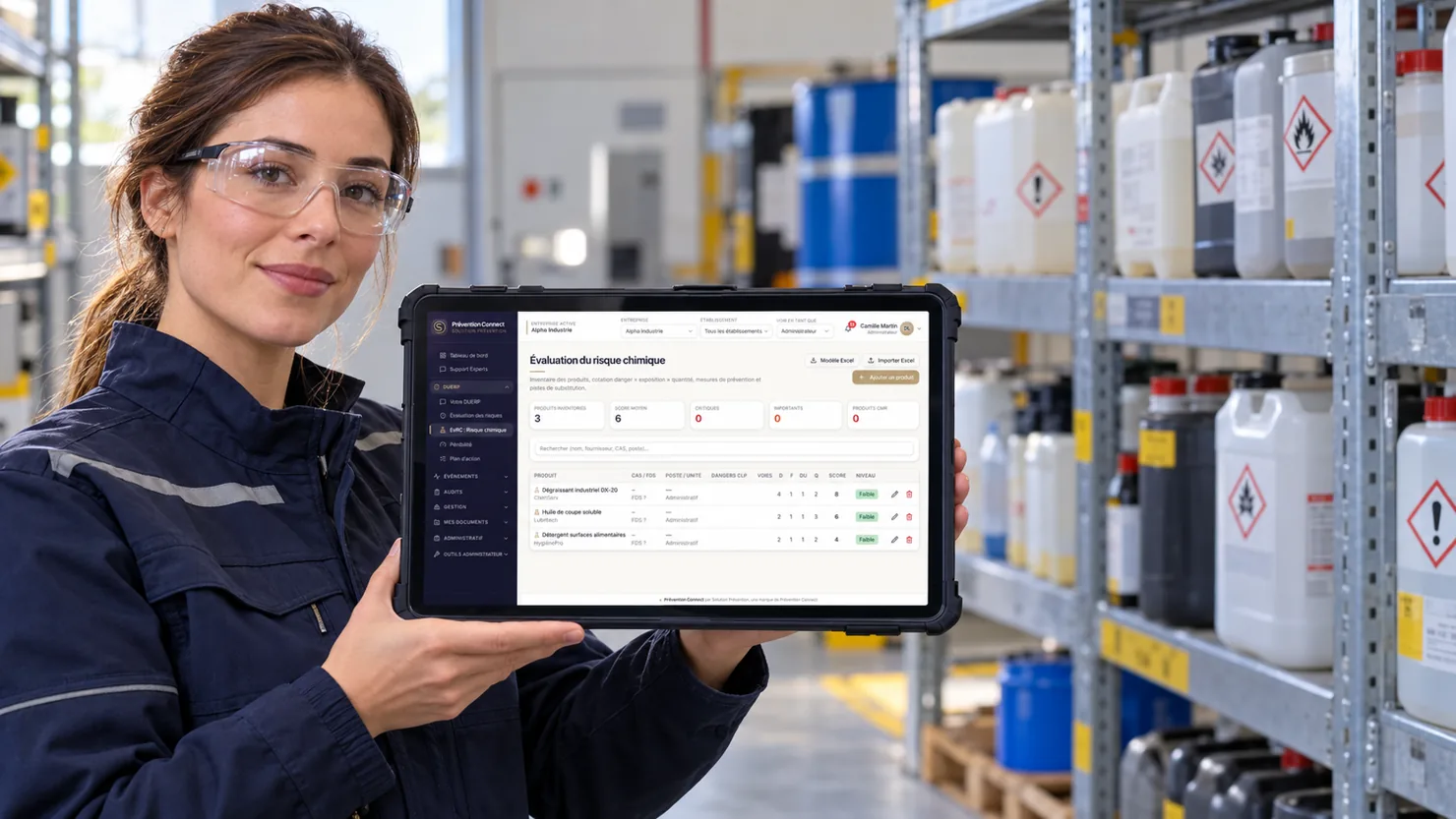 Professionnelle tenant une tablette devant le stockage de produits chimiques
