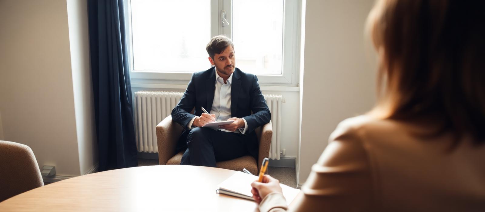 Entretien individuel confidentiel entre un intervenant et une salariée dans une salle de réunion