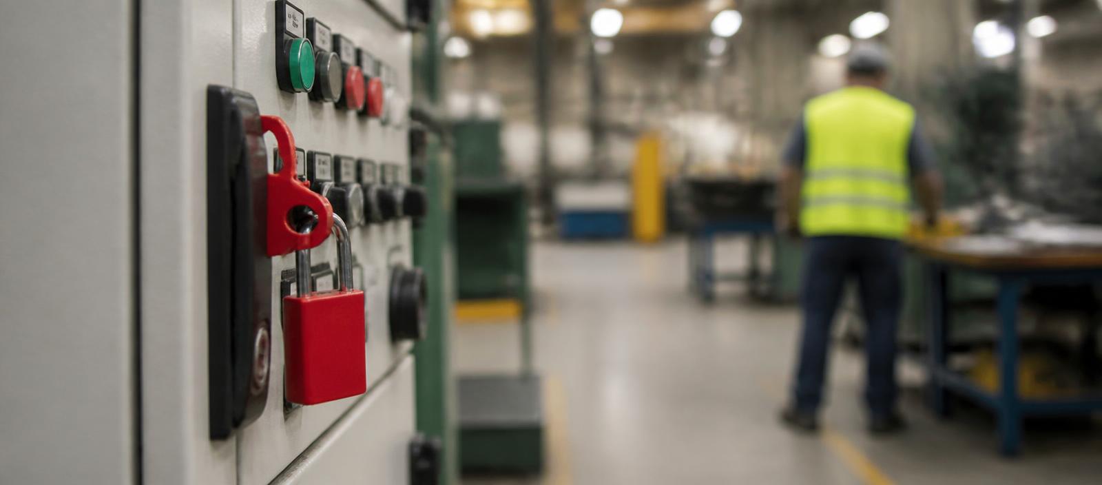 Armoire de commande industrielle consignée par un cadenas rouge, opérateur en gilet haute visibilité en arrière-plan