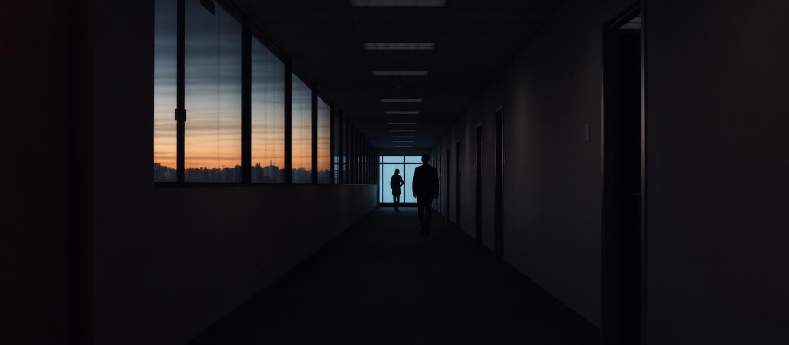 Couloir de bureaux en fin de journée, silhouette d'une personne s'éloignant