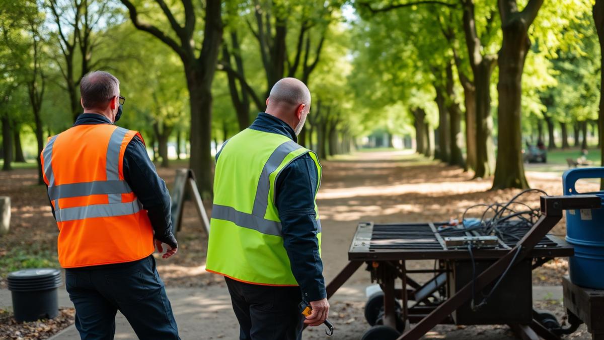 Agents territoriaux en gilet haute visibilité lors d'une intervention d'entretien d'espaces verts